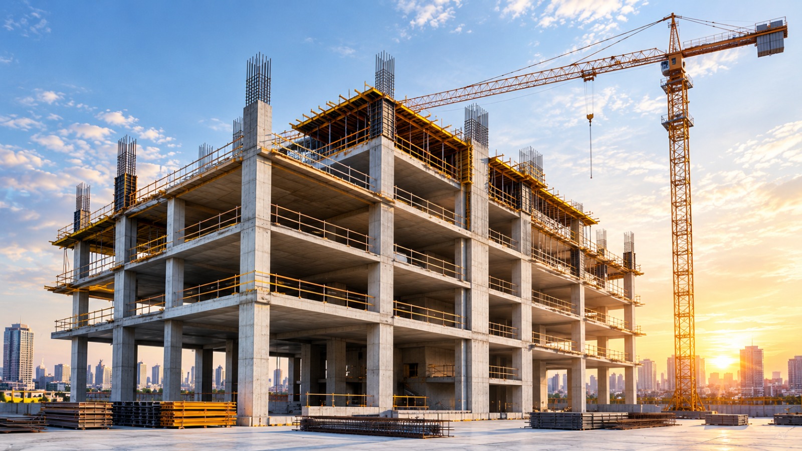 Multi-storey building under construction with a tower crane